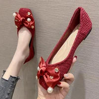 new brand womens flat shoes 2022 spring summer beads square toe casual loafers office ladies work driving single shoes red