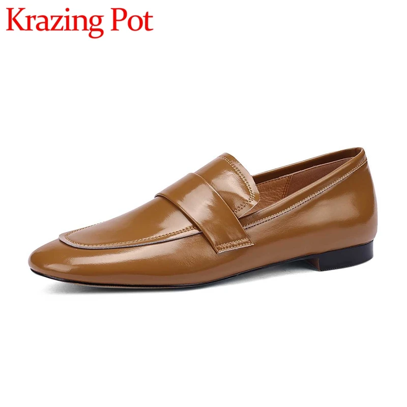 

Krazing Pot Genuine Leather Round Toe Low Heel Loafers Concise Design Gladiator Deep Mouth Slip on Comfortable Women Pumps L2f1