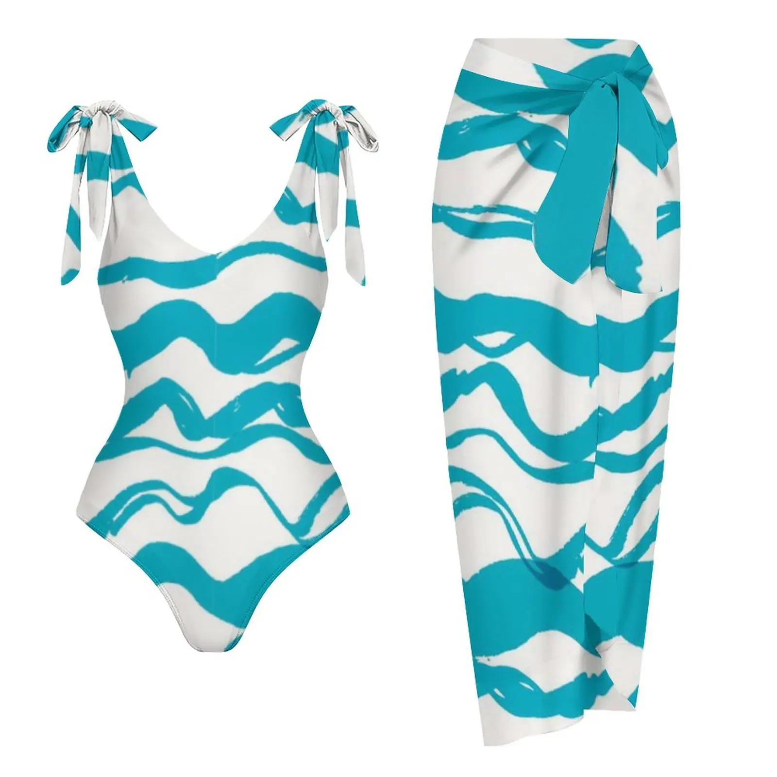 

2023 NEW Swimwear Blue Sea Wave Fresh Sleeveless One-Piece Bikini Set Vintage Classic Print Luxury Swimwear