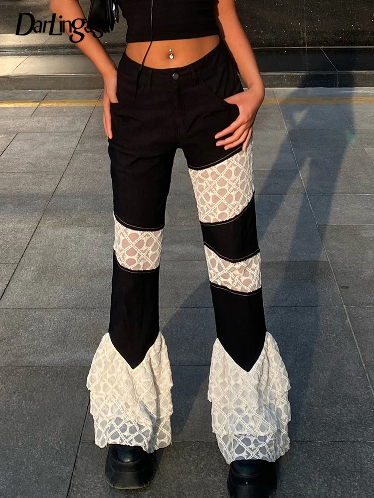 

Darlingaga Y2K Vintage Fashion Lace Patchwork Skinny Flare Pants 90s Aesthetic Elegant High Waist Female Trousers Contrast Color