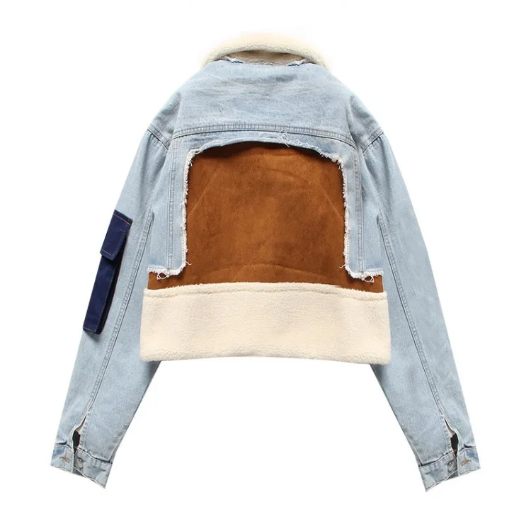 2022 Autumn and Winter Women's European and American Lapel Casual Denim Warm Stitching Short Coat Plus Velvet Cotton Coat