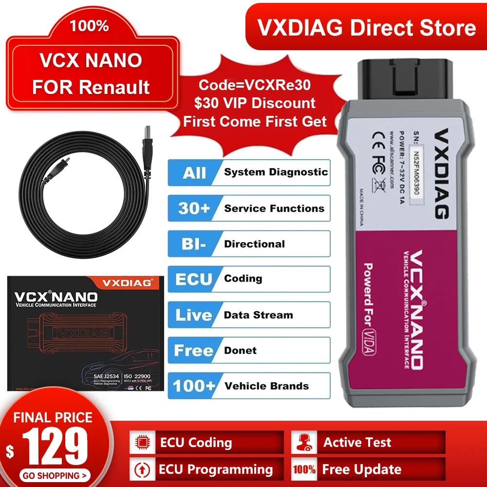 

VXDIAG VCX NANO NX200 For Renault Car Diagnostic Tools All System OBD Diagnosis Scanner ECU Programming Coding J2534Protocol