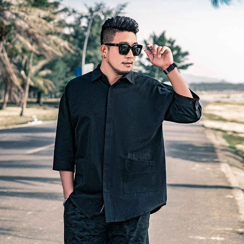 

Summer Plus Size Men Half-sleeved Shirts Sleeve Letter Printed Lapel Shirt Men Fat Belly Tops 4XL 5XL 6XL 7XL Male Blouse Black