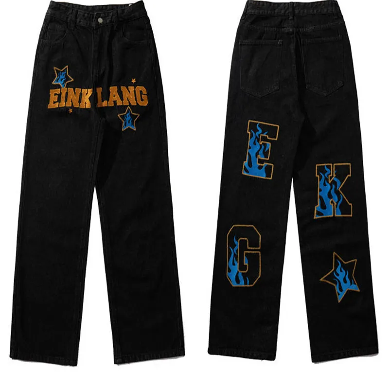 Jeans embroidered high street hip hop niche jeans men and women spring and summer American wide-leg pants