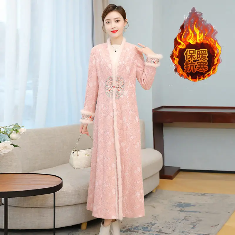 

Пальто в китайском стиле для женщин на осень и зиму, элегантный кардиган с длинным рукавом из меха норки, платье ханьфу, куртка, модная ветро...