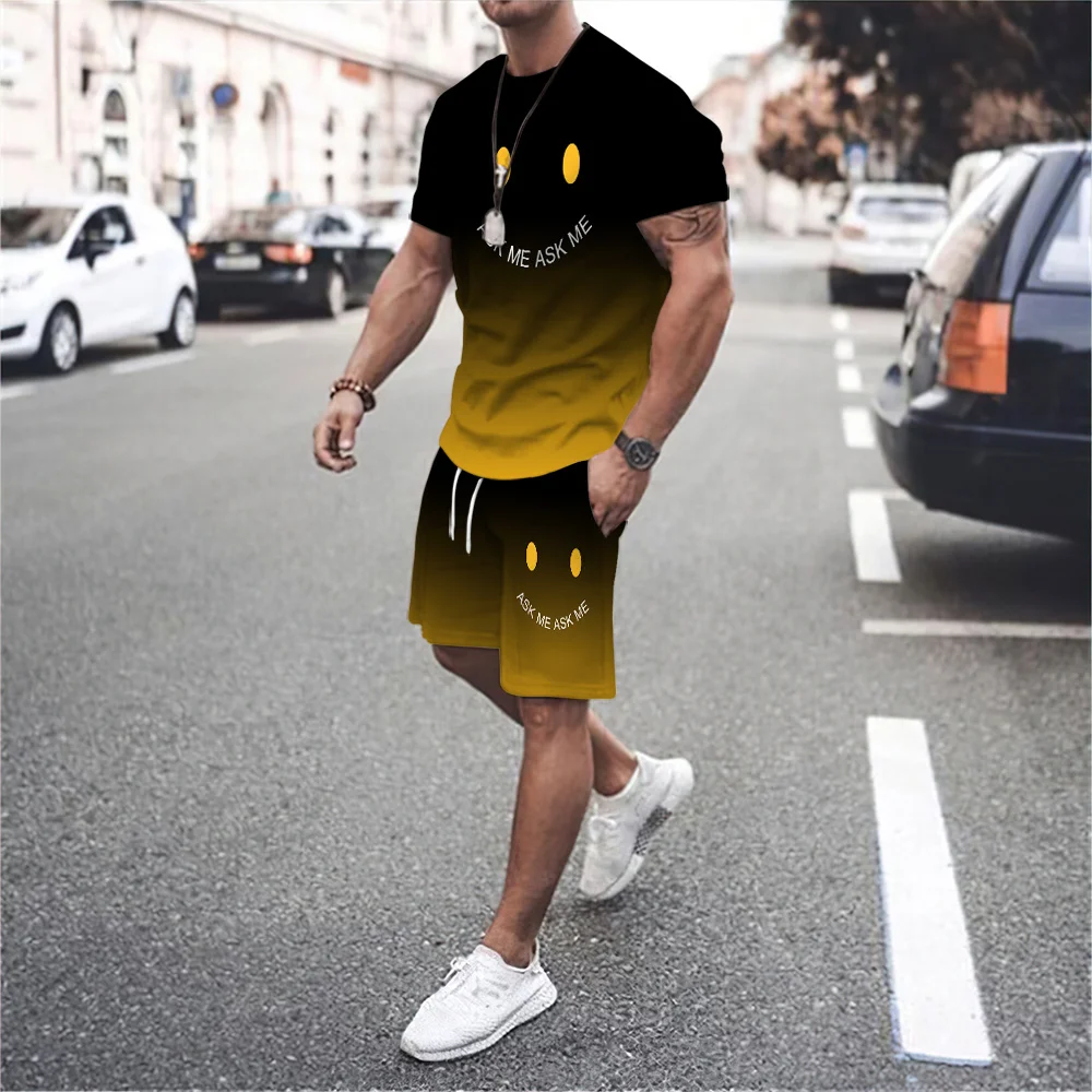 Summer Men's Tracksuit Smiling Print T-Shirt Shorts Outdoor Outfit Fashion Suit Male Casual Stylish 2 Pieces Set Streetwear