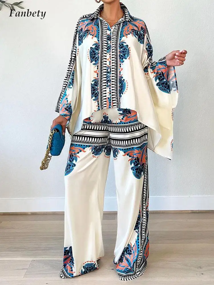 

Elegant Print Irregular Blouse and Wide Legger Pants Sets Fashion Batwing Long Sleeve Loose Two Piece Suits Women Casual Outfits