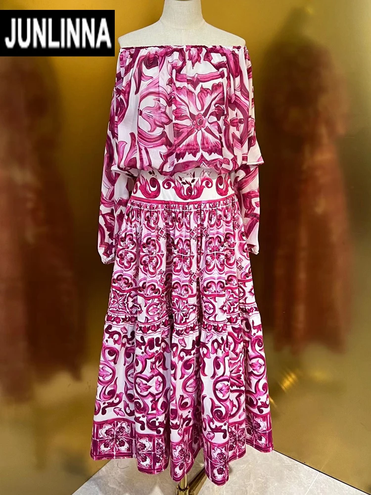 

JUNLINNA Fashion Porcelain Print Two Piece Set Silk Slash Neck Top+ Cotton Half Dress Elegant Lady Skirt Suit Party Vacation