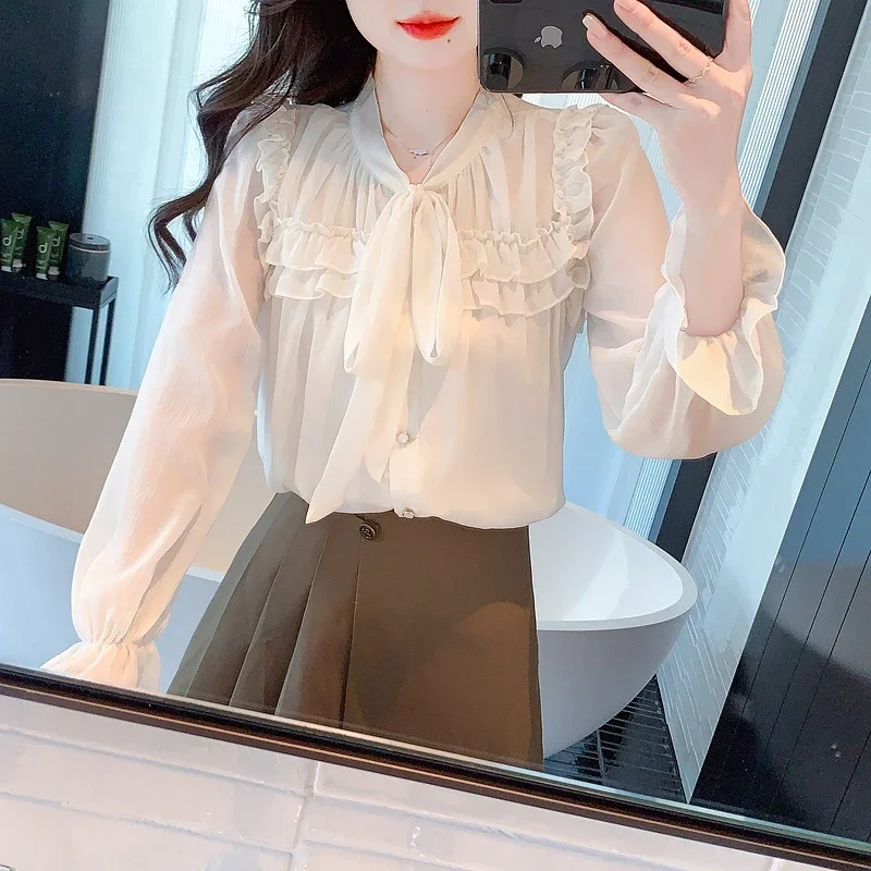 Женская шифоновая блузка с длинным рукавом V-образным вырезом