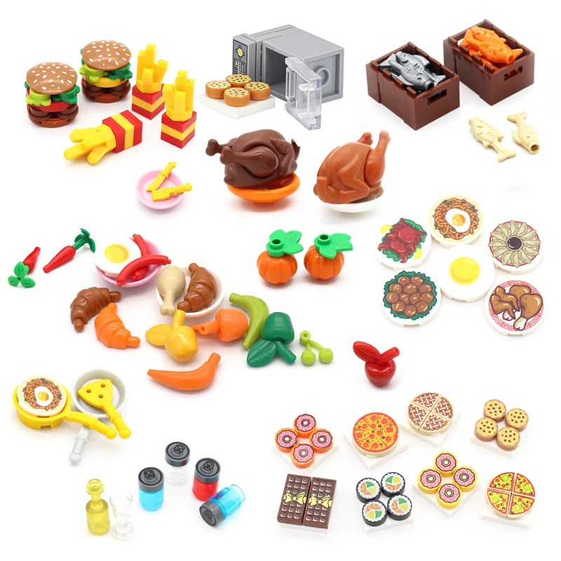 

MOC Mini Voedsel Speelgoed Bouwstenen Hamburger Pizza Fries Cake Dessert Chocolate Cookies Monteren Plastic Assemble Toys Part