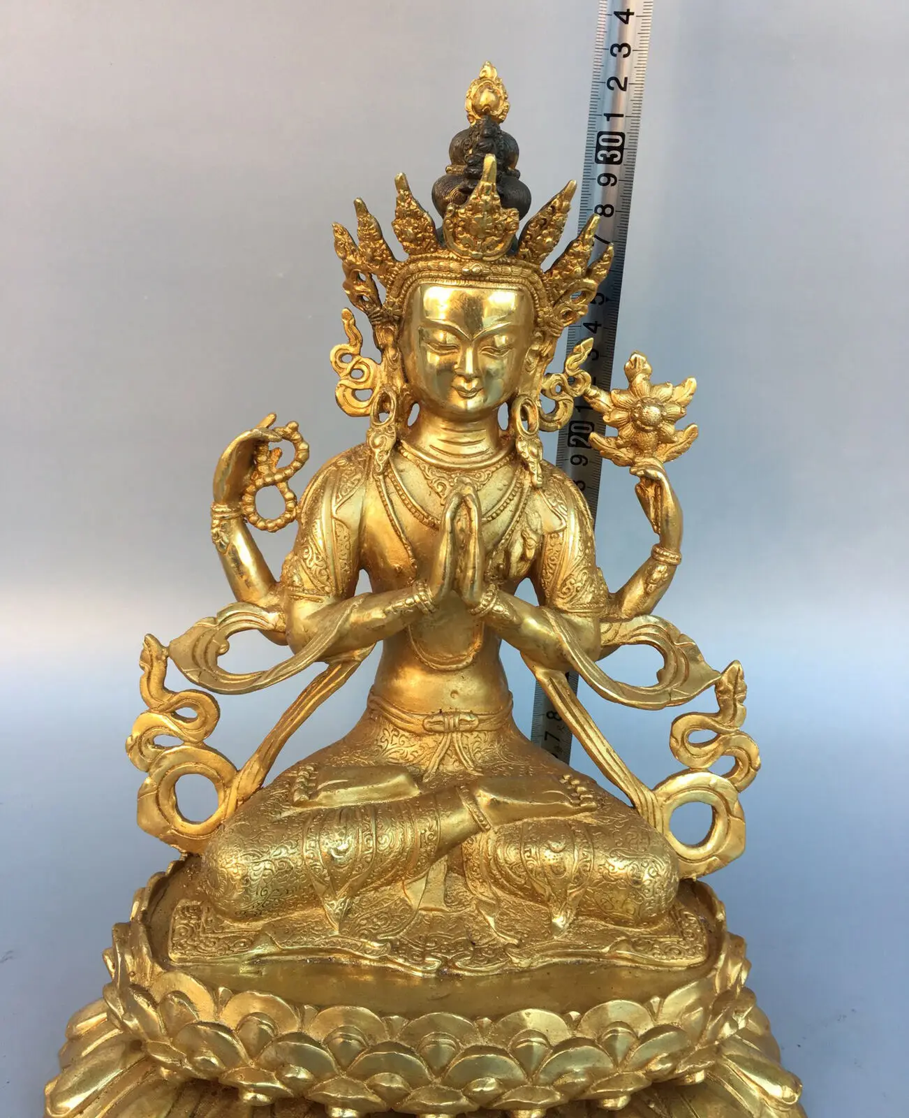 12-дюймовая бронзовая позолоченная статуя Будды Ченрезиг Кван-инь Гуаньинь с 4