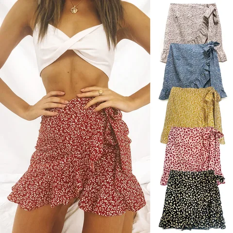 Women Skirts Bandage Tie Waist Flower Asymmetry Ruffle Mini Skirts Woman Summer Holiday Maxi Short Skirt for Girls Women Clothes