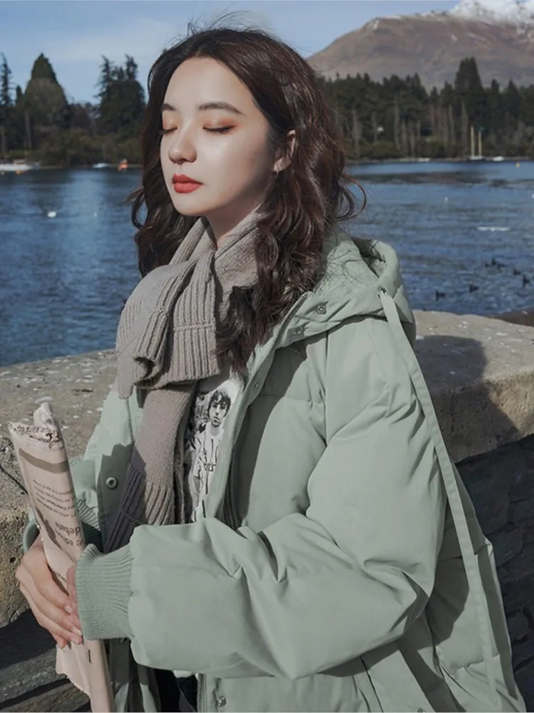Women's Korean  Mid-Length Zipper Down Padded Jacket Winter Thick With Hood Coat Female Fashion Bread Outwear