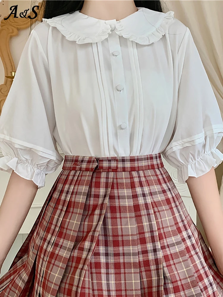 

Блузка женская в японском стиле Сладкая Лолита, милая блузка с круглым воротником в стиле «Питер Пэн», с короткими рукавами-фонариками и обо...