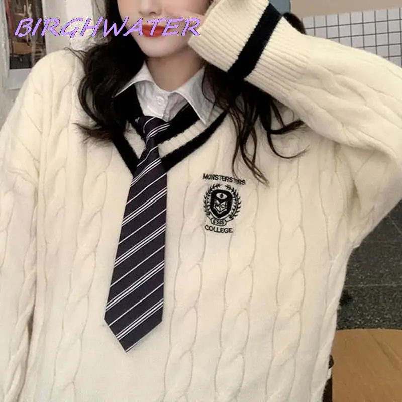 

Korean Fashion Beige Knitted Sweater Women High Street Printed V-neck Oversize Pullover Casual Long Sleeve Jumper Female Tops