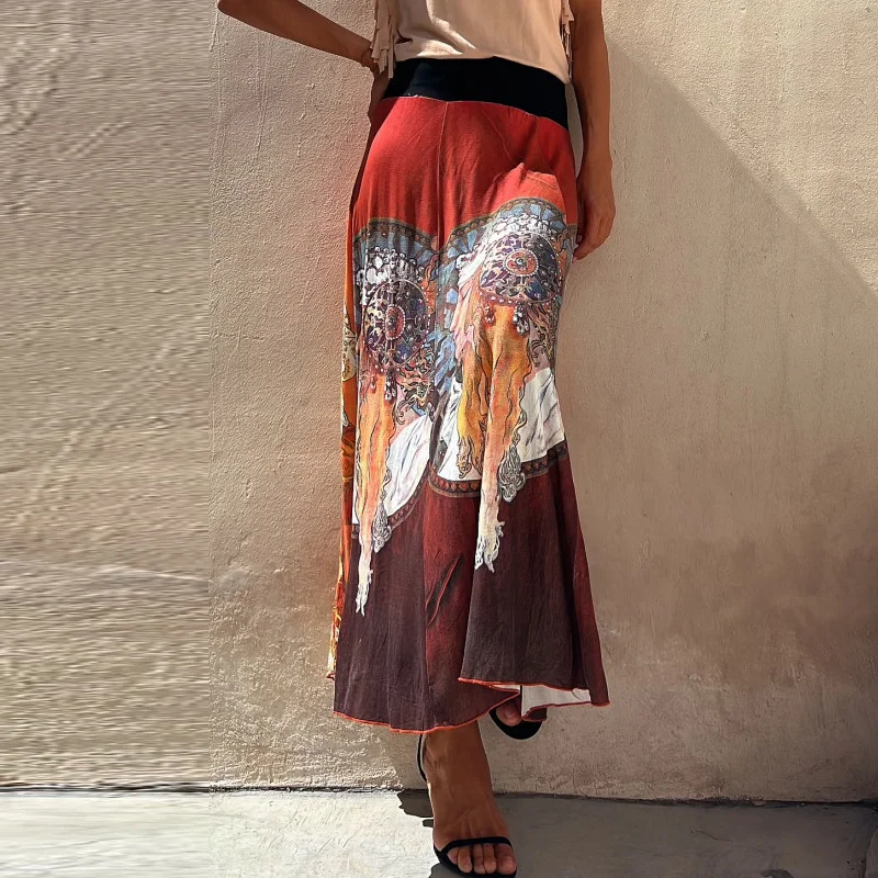 

Women Vintage Pattern Print Ethnic Skirts Spring Elegant High Elastic Waist Office Lady Skirt Summer Beachwear Boho Skirts Mujer