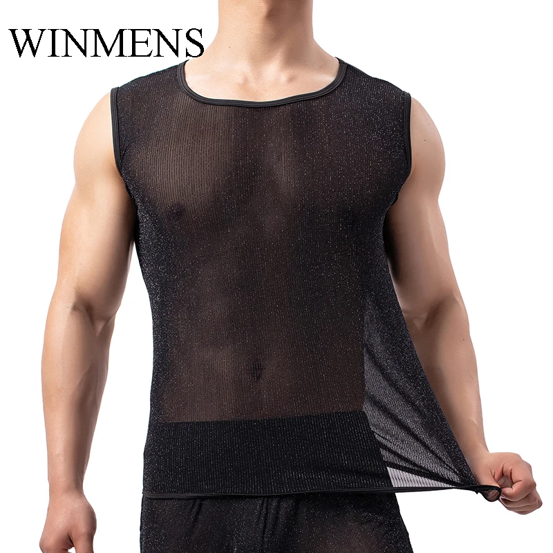 

Men's Transparent Tank Tops Gold Dots Mesh Sleeveless Undershirts Gay Fitness O-neck See Inner Vest Sheer Bodybuilding Singlets