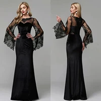 Vintage Long Black Velvet Evening Dresses With Sleeves Sheath Lace Floor Length Zipper Back Formal Party Gowns for Women