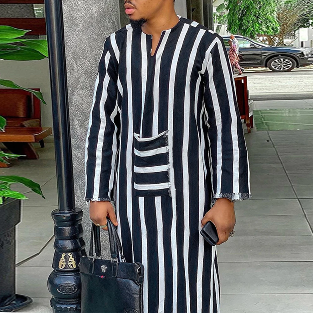 Casual Raw Edge Design Striped Top Muslim Robe Loose Long Sleeves Middle Eastern Arabic Men's Wear Islamic Ethnic Prayer Drees