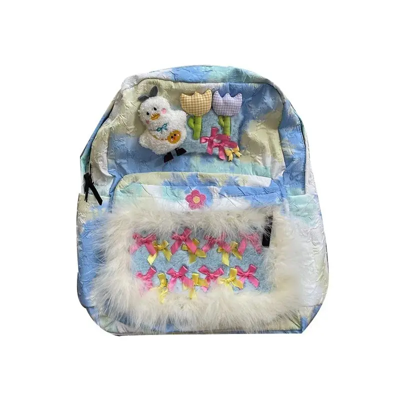 Y2K Plush Stitching Tie-dye Japanese System Ghost Horse Trend Shoulder Bag Girls Student Backpack 2023 New