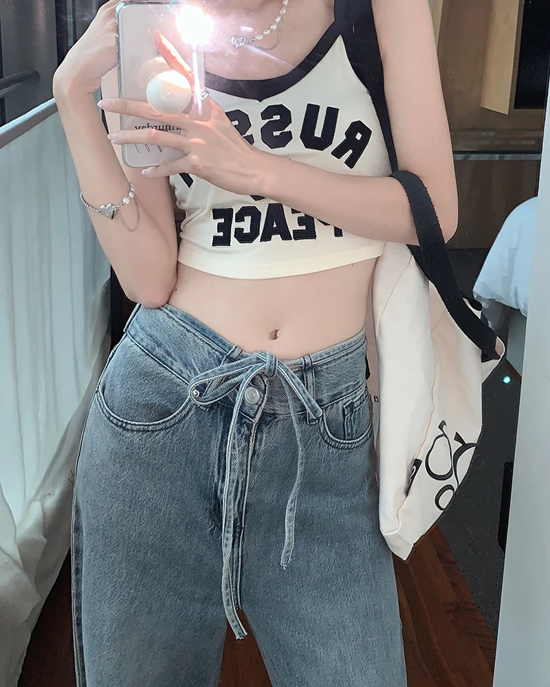 High Waist Jeans Women's Blue Spring/Summer Drawstring Lace Up Design Straight Tube Relaxed Slim Wide Leg Floor Dragging Pants