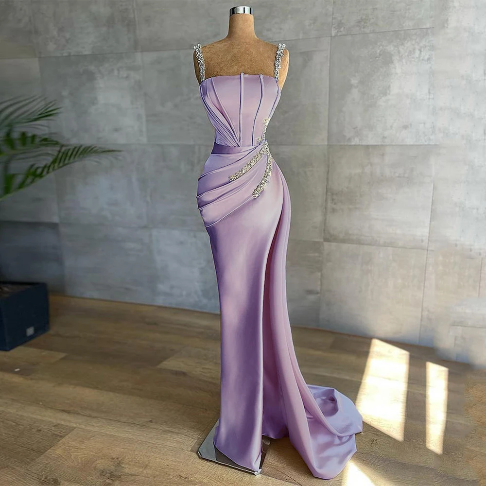

Satin Violet Mermaid Evening Gowns for Women Sexy Sleeveless Square Neck Pleat Corset Pageant Dresses Prom Dress with High Slit