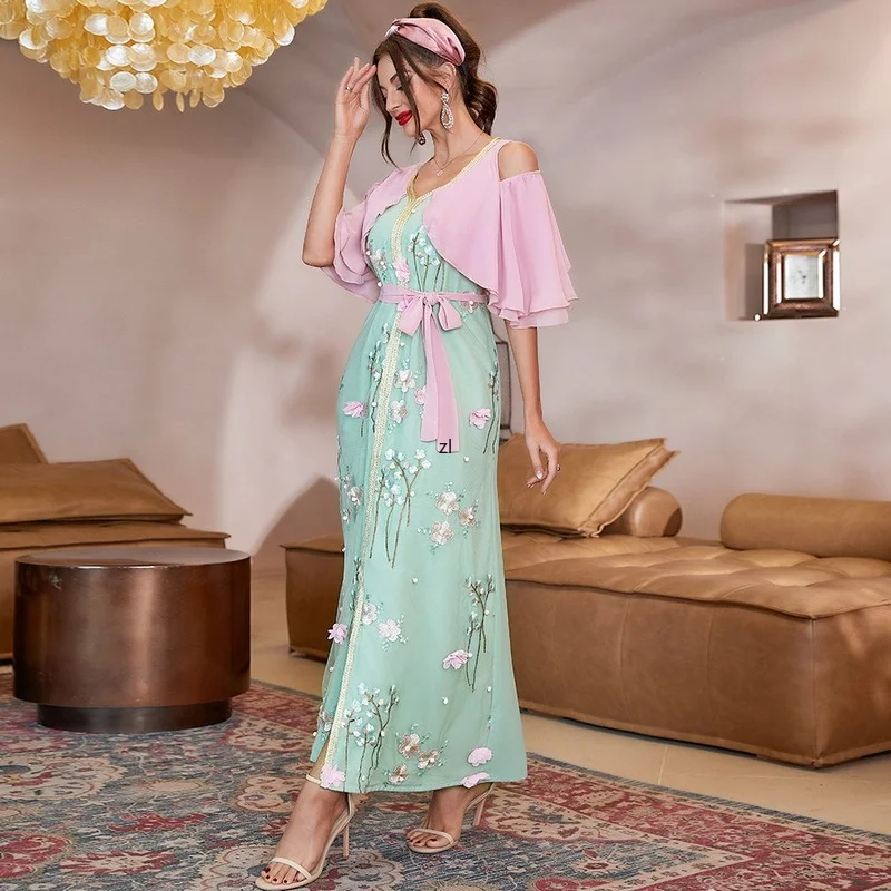 2022 Ramadan Kaftan Dubai Abaya Muslim Women Dress Caftan Marocain Evening Gown Islamic Clothing Robe Musulmane Djellaba Femme