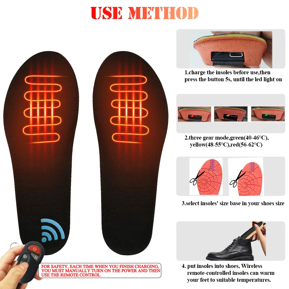 New USB Heated Shoe Insoles Remote Control 3.7V 2000MA Heating Insoles Rechargeable Electric Heated Insoles Warm Sock Pad Mat