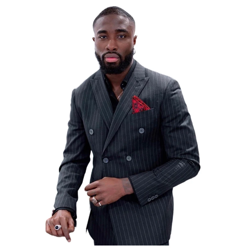 

Business Black Stripe Men Suits with Double Breasted 2 Piece Slim Fit Wedding Tuxedo for Groom Prom Peaked Lapel Fashion Costume
