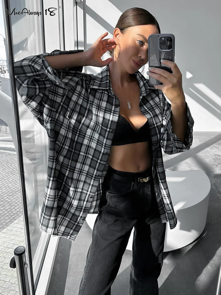 

Женская рубашка в клетку Mnealways18 в стиле оверсайз, Весенняя модная блузка с карманами и принтом, женские повседневные рубашки в клетку с длин...