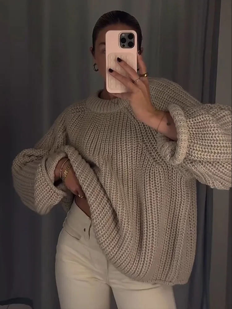 Однотонный свободный женский свитер с круглым вырезом повседневный вязаный