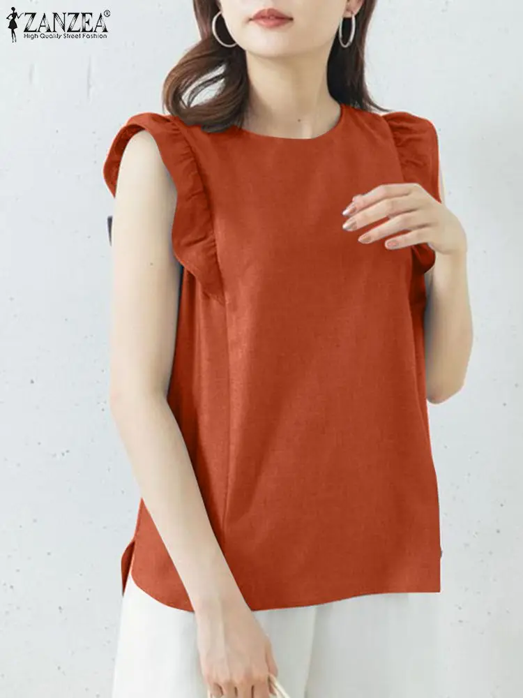 

2023 ZANZEA Summer Fashion Women O Neck Sleeveless Tanks Tops Solid Loose Camis Work Shirt Casual Holiday Blusas Ruffles Blouse