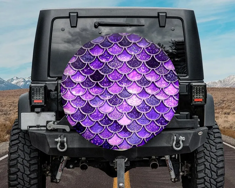 

Purple Sparkle Mermaid Tail In The Ocean American Flag Spare Tire Cover, Mermaid Spare Tire Cover, Mermaid Lover gift, Backup
