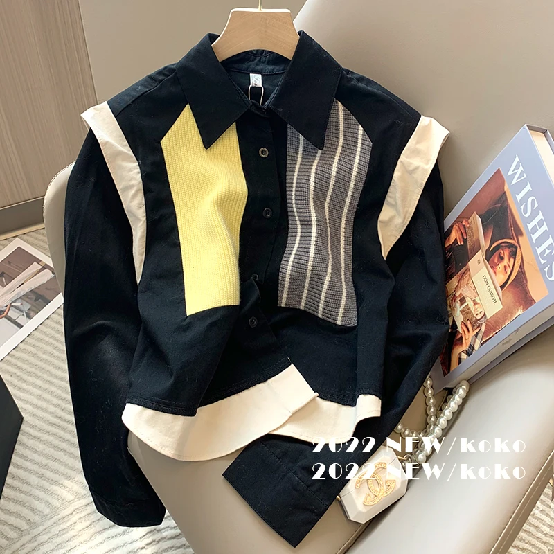 

Patchwork Contrast Short Knit Top Women's Polo Collar Casual Versatile Outerwear Fake Two-piece Coat Winter Autumn Coats