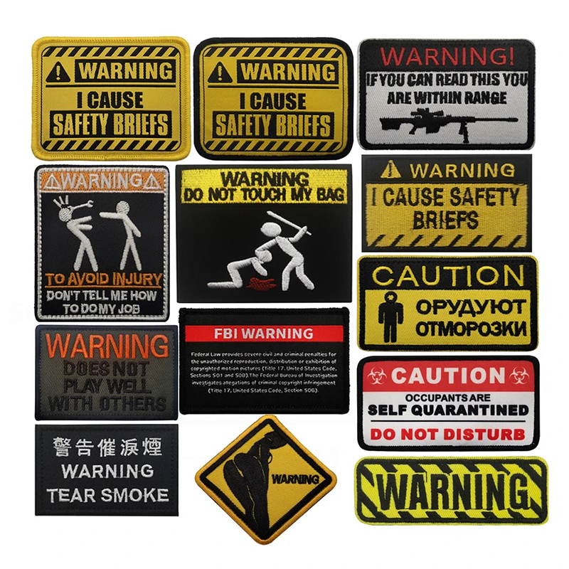 

WARNING connotation warning embroidery hook and loop patch badge with hook and patch creative badge DIY tactical cloth sticker