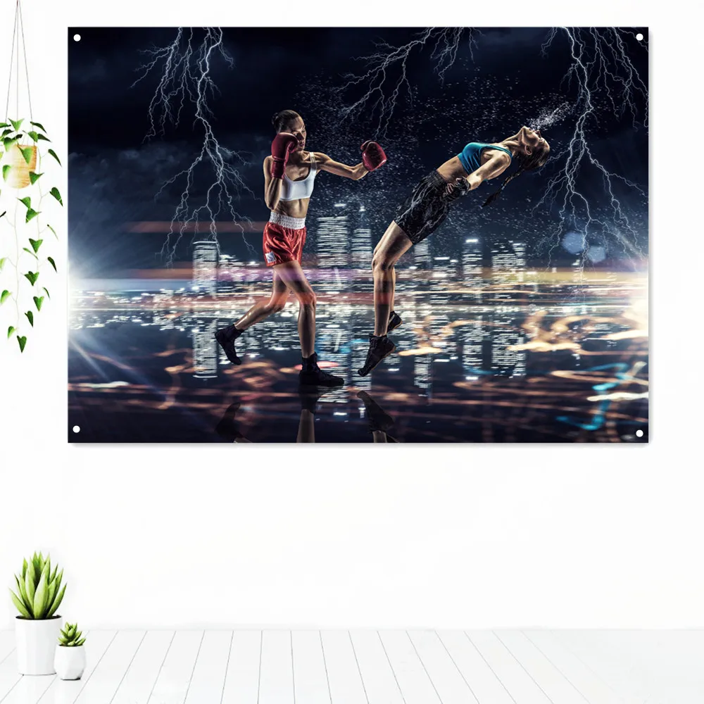 

Two Girls Athletes Rivals Boxing Punch Knockout Fight Workout Tapestry Gym Decor Boxing Sports Inspirational Poster Banner Flag