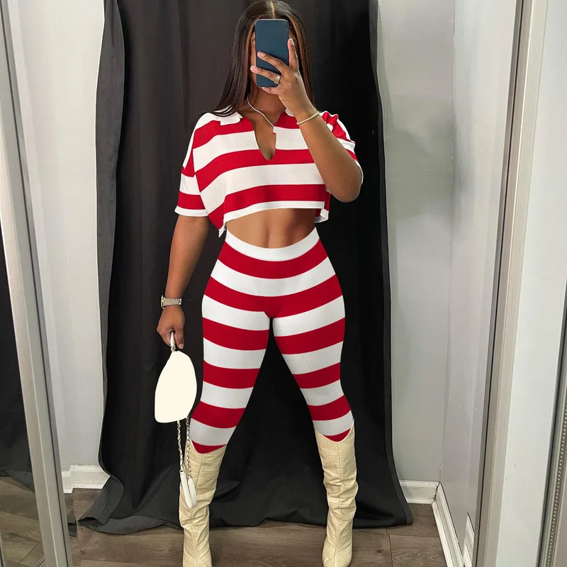 

WUHE Striped Print Tracksuit Womens Two Piece Sets Cropped Top and Pencil Pants Matching Sets Sporty Casual Joggers Sweatsuits