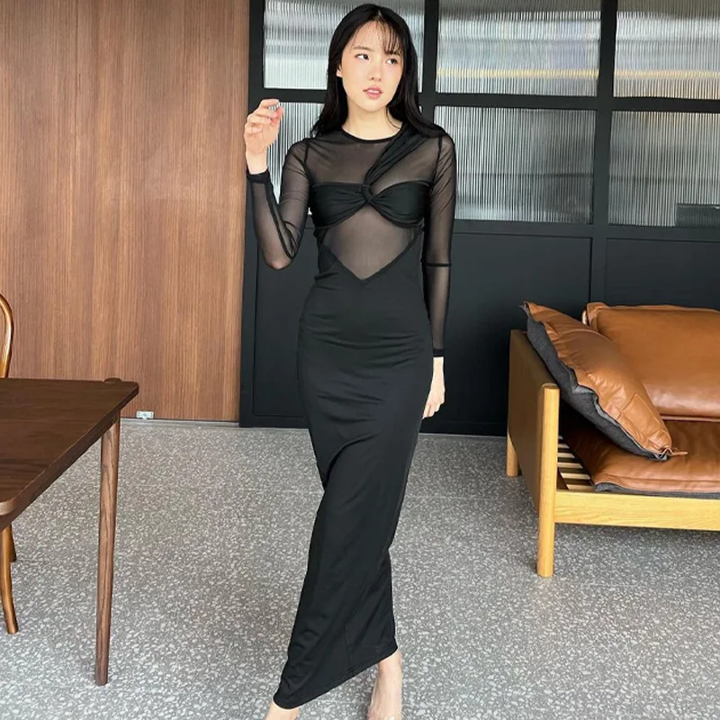 

Women 2023 Summer New Sexy Perspective Splicing Slim Long Sleeved Round Collar Dress Dresses For Boho Chic Maxi Frocks Womens