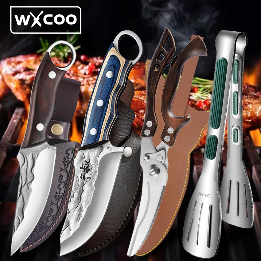 

Forged Boning Knife Kitchen Scissors Stainless Steel Clip Meat Cleaver Knives Chef Butcher with Sheath Barbecue Hunting Outdoor