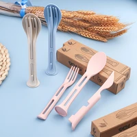 3 in 1 wheat straw travel portable cutleri set japan style knife fork spoon set silicone portable straw boba reusable straw