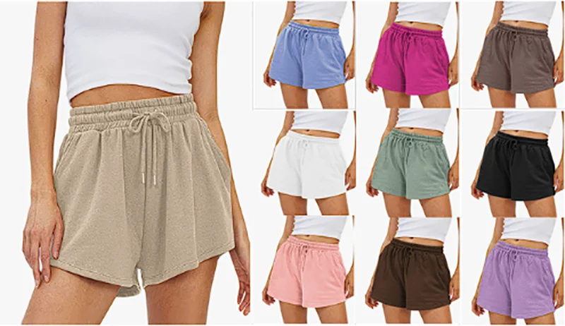 2023 Summer Sports Running Women Shorts Solid Drawstring Short Pants High Waist Pocket Ladies Shorts Elastic Training Shorts