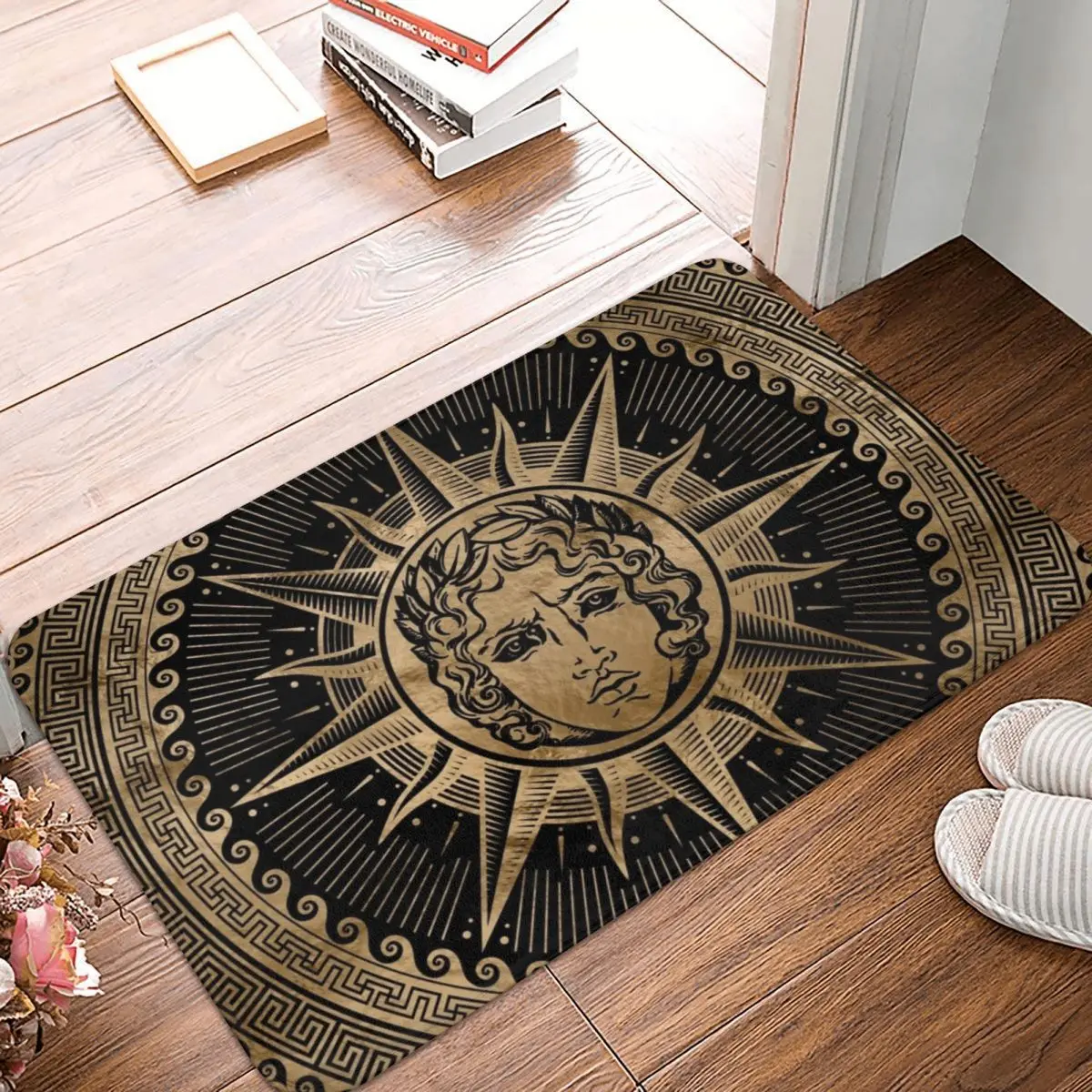 

Golden Apollo Sun God On Greek Key Ornament Bath Door Mat Mythology Rug Carpet Decor Entrance Living Room Home Kitchen Bathroom
