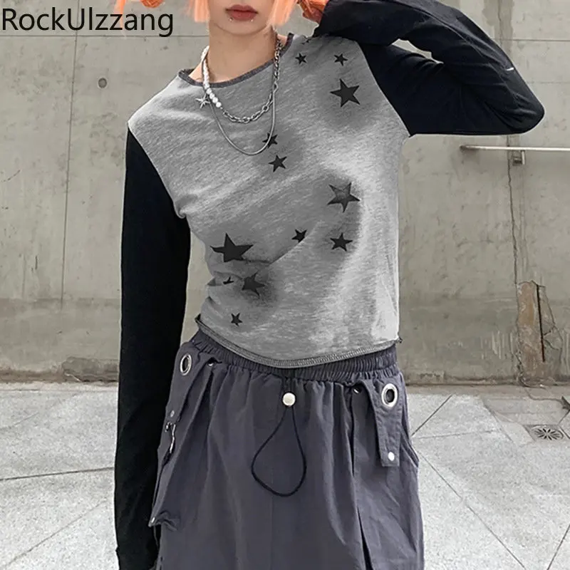 

Ink Star Graphic Print Slim Long Sleeve Crop Top T-Shirt Women Sexy Cropped Fall Contrast y2k Cotton T Shirt grunge aesthetic