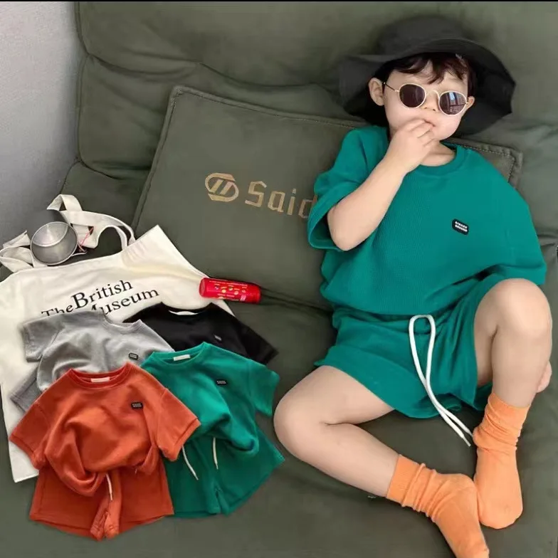 

Детский костюм для мальчиков с коротким рукавом однотонный повседневный летний свободный комплект