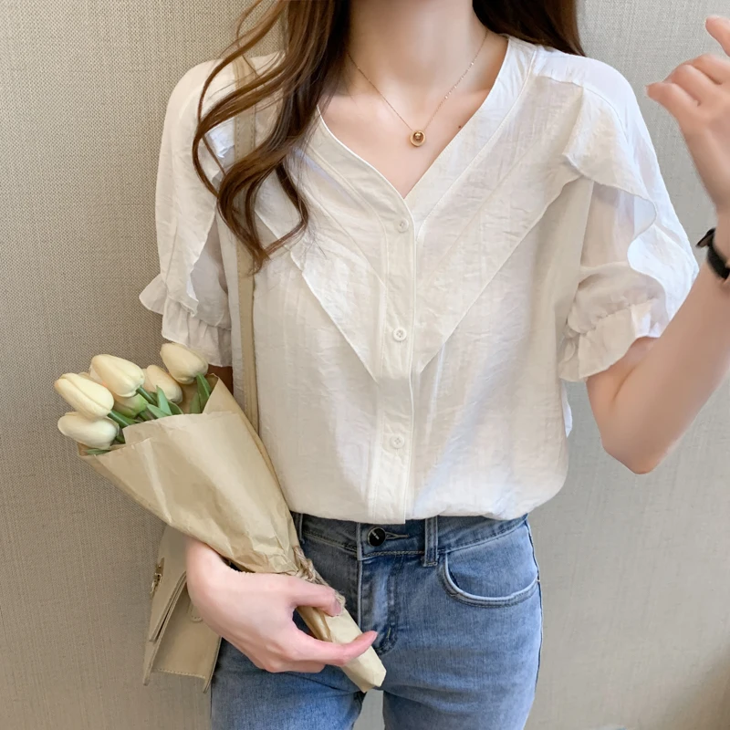 

Wavy edge shirt women's short sleeve 2022 summer new pure color very fairy top, foreign style chiffon shirt 651j, 410-16