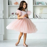 hot pink flower girl dress scoop neck feathers puff cute baby girl party dresses for wedding custom first communion dress