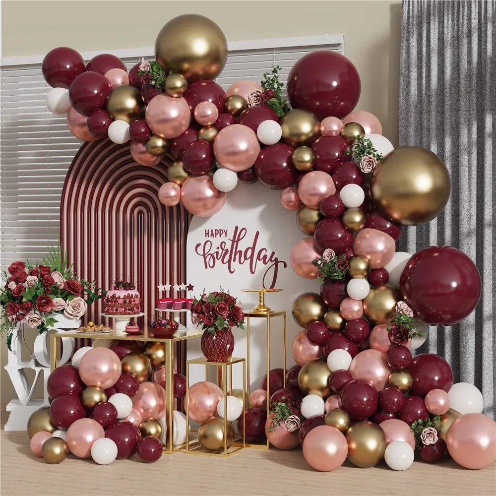 

141pcs DIY Burgundy Balloon Garland Kit Rose Gold Metal Chrome Balloons for Wedding Bridal Shower Anniversary Party Decorations