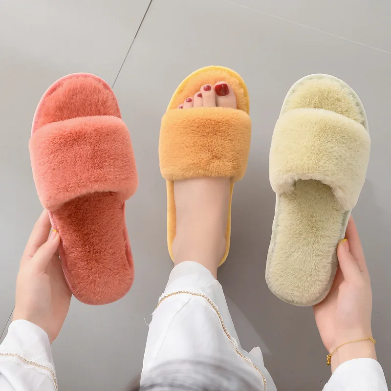 Winter House Women Fur Slippers Warm Plush Ladies Fluffy Shoes Bedroom Open Toe Indoor Fuzzy Slides Autumn Home Comfortable