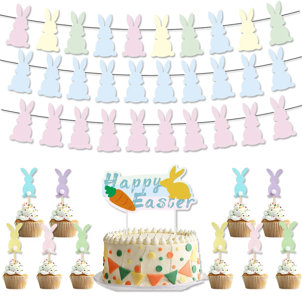 

Easter Banner Rabbit Cake Topper Easter Hanging Garland Home Bunting Flags Easter Decor for Home Kids Birthday Party Supplies