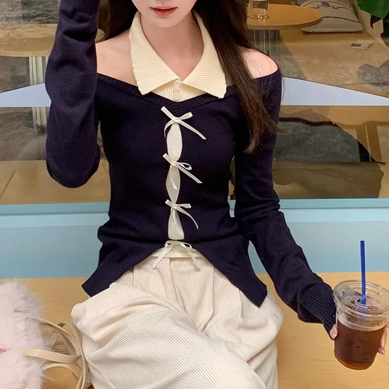 Новинка 2024 женский вязаный топ свитер с открытыми плечами куртка из двух